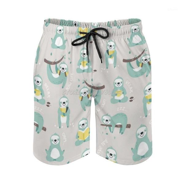 

men's shorts lazy sloth-mint and yellow pattern design mens swim quick dry beach board swimwear fashion volley sloth s, White;black