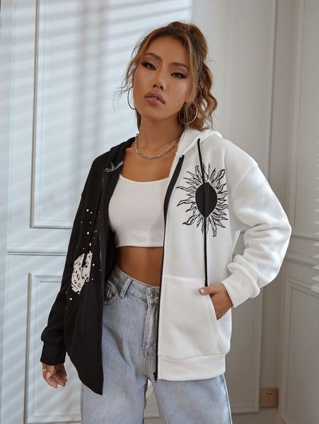 

sun and moon print color block drop shoulder drawstring hoodie d2vf#, White;black