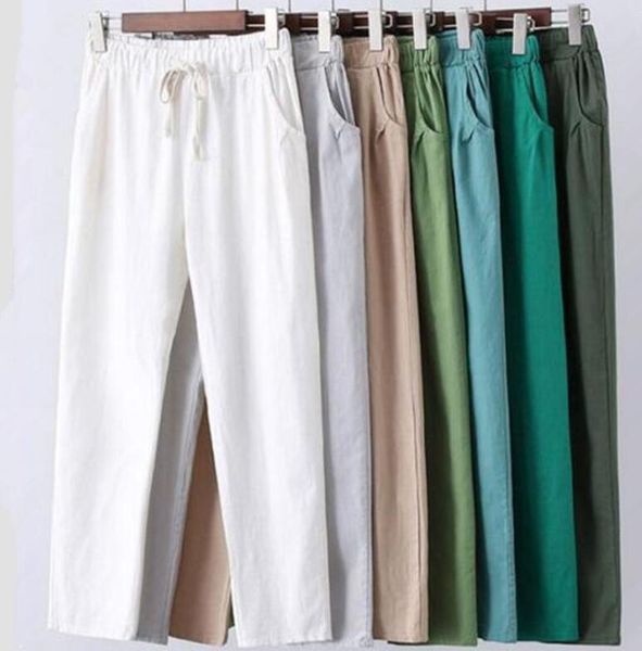 

6xl 7xl womens pant plus size linen cotton casual candy color trousers female ankle length, Black;white