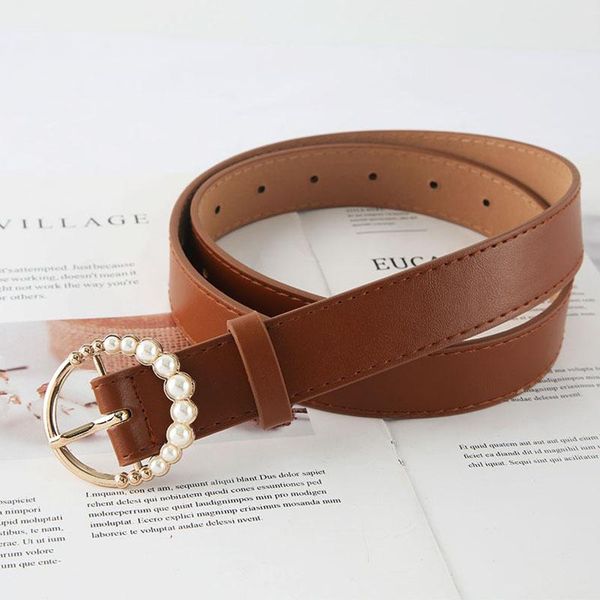 

belts all-match belt round pearl pin buckle fashion retro korean version imitation leather waistband simple, Black;brown