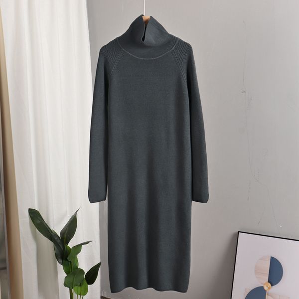 

Knitted Women's Straight Sweater Thumb Hole Design Long Dress, Black;gray