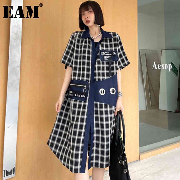

[eam] women blue denim plaid spliced zipper dress lapel short sleeve loose fit fashion spring summer 1dd7409 21512, Black;gray