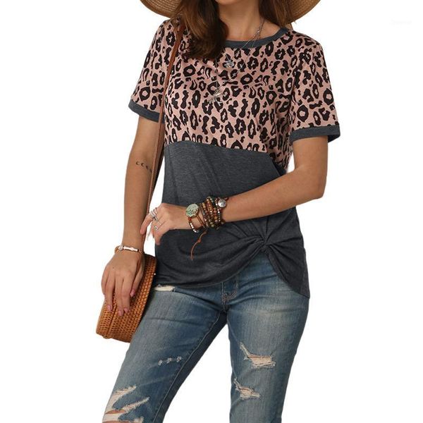 

fashion leopard splicing t-shirt 2021 young girls loose pullover summer casual style clothes leoaprd patch short sleeve tee women's, White