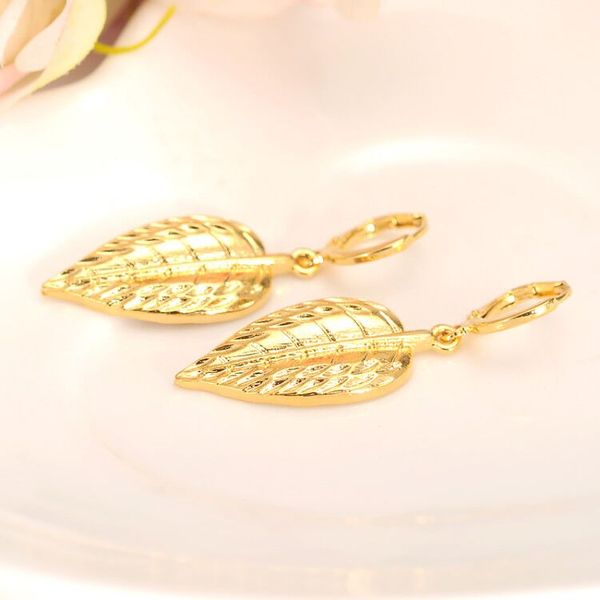 

9k yellow solid fine g/f gold earrings dangle earring leaves drop dubai india pendientes mujer jewelry long statement, Silver