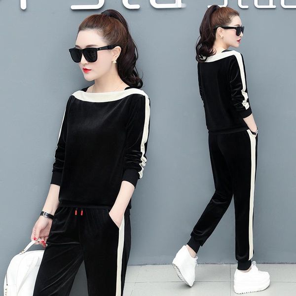 

two piece dress casual sports suit spring and autumn women's stitching long sleeve gold velvet korean fashion soft two-piece, White