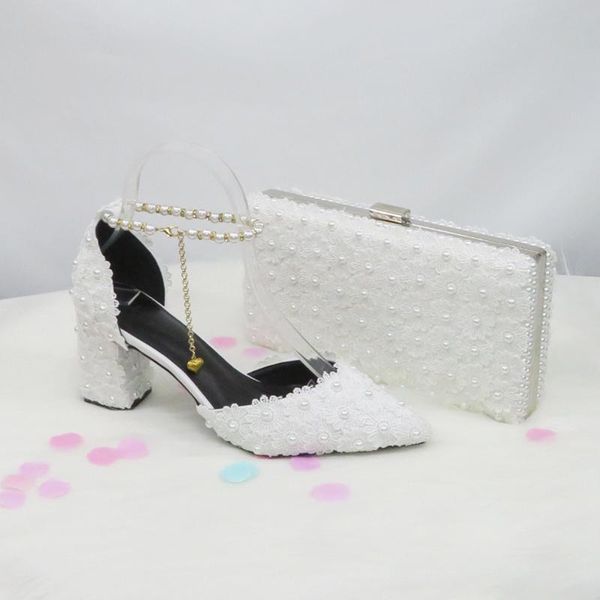 

women white bride wedding shoes pointed toe square heel lace flower sandals ankle strap ladies party dress and bag, Black