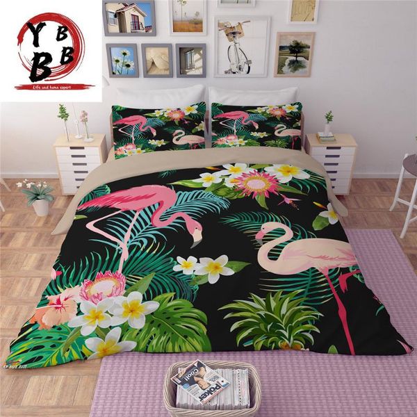 

bedding sets flamingo set tropical plant quilt cover  king size home bed flower print pink green leaves 3/4pcs bedclothes