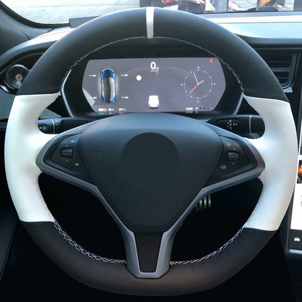 

car steering wheel cover black genuine leather suede for tesla model s model x braid on the steering wheel car accessories