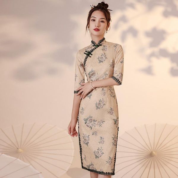 

ethnic clothing half sleeve women dress gown mandarin collar qipao plus size 3xl chinese print floral cheongsam autumn elegant vestidos, Red