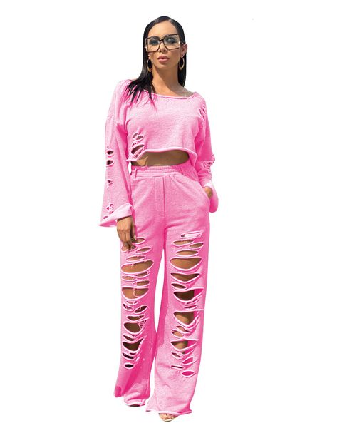 

chic design women streetwear solid ripped two piece sets lady hollow-out o-neck full sleeve crop high waist loose pants set, White