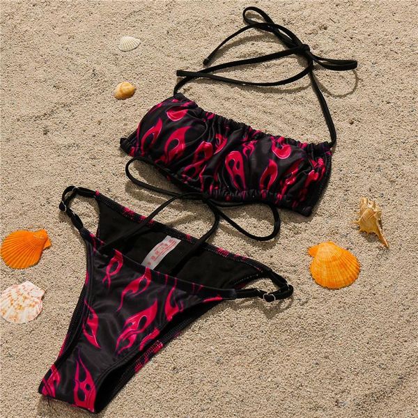 

women's swimwear bandeau low waist bikini set push up women 2021 flame print printed swimsuit female bathing suit, White;black