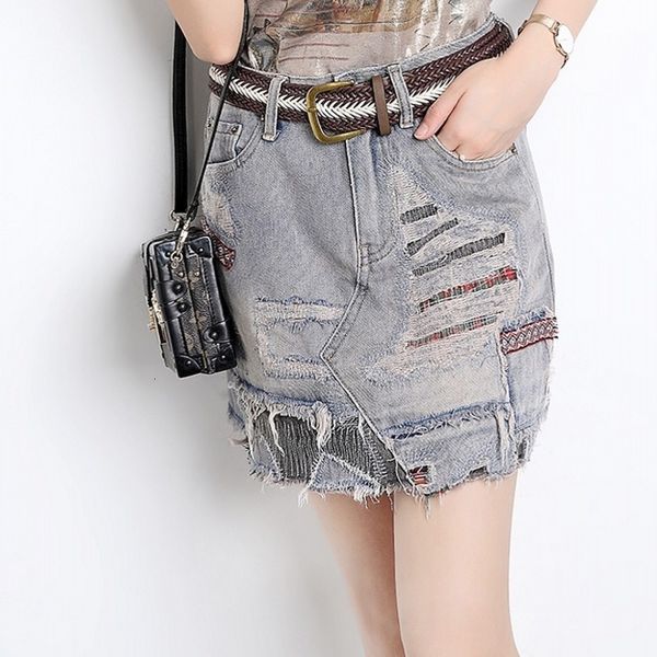 

skirts summer for women asymmetrical fashion jeans skirt high waist torn vintage woman a-line hole plus size streetwear 6854, Black