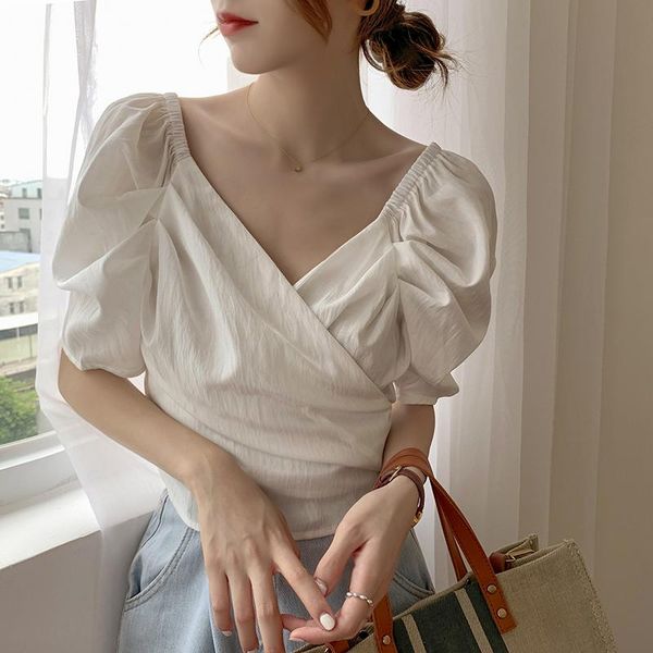 

women's blouses & shirts bandage puff sleeve white blouse v neck french style blusas mujer de moda 2021 women plus size summer clothes
