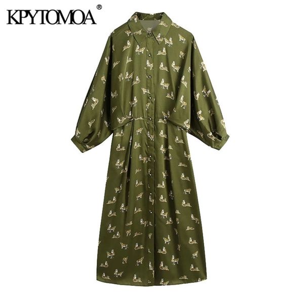 

women chic fashion animal print midi shirt dress vintage lantern sleeve button-up female dresses vestidos mujer 210421, Black;gray