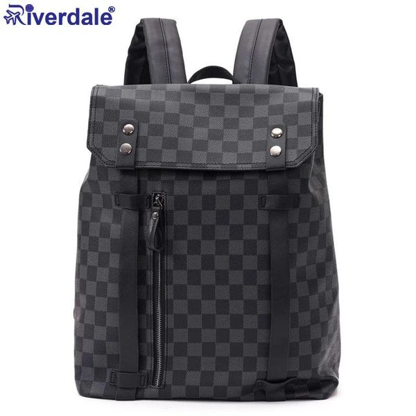 

large capacity mens leather backpack bag double belt plaid patten travel rucksacks brand traveling man drop