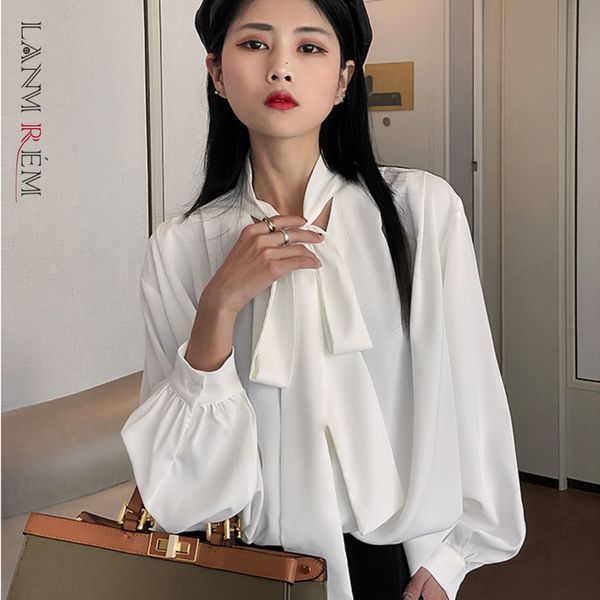 

women white bandage bow blouse v-neck long sleeve loose fit lady shirt fashion spring summer 2e1970 210507