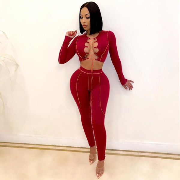 

women's two piece pants hollow tie long sleeve two-piece set, White