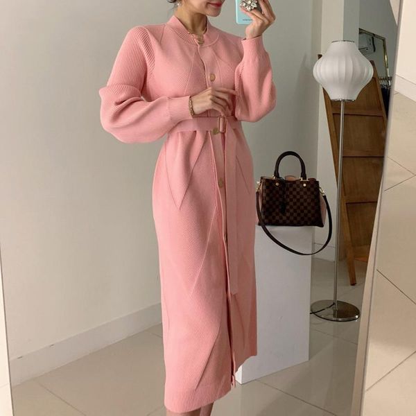 

heydress women elegant o-neck single-breasted solid sweater dress ol style long sleeve belted knitted mid-length female casual dresses, Black;gray