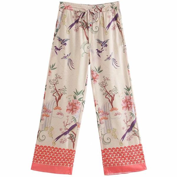 

women's pants & capris zhenbaili za woman 2022 casual summer print patchwork drawcord elastic high waist long loose straight chic, Black;white