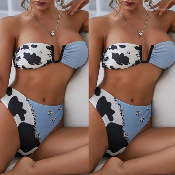 

ladies color matching suspenders u-cube cow print two-piece biquini swimsuit bandeau women roupa de banho women's swimwear, White;black