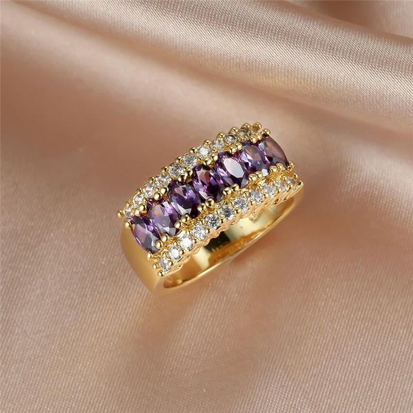 

wedding rings luxury female purple crystal stone ring charm gold color engagment for women leaf zircon valentines day gift, Slivery;golden