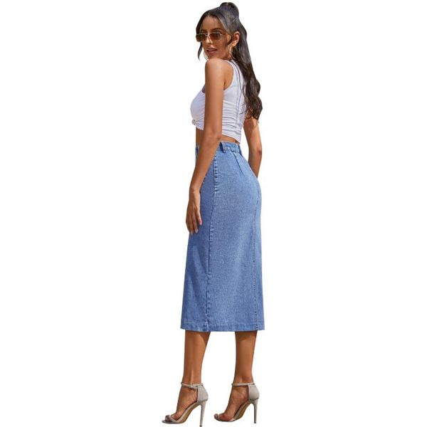 

skirts 2021 summer long denim skirt women vintage high wasit jeans with belt straight a-line pencil female, Black
