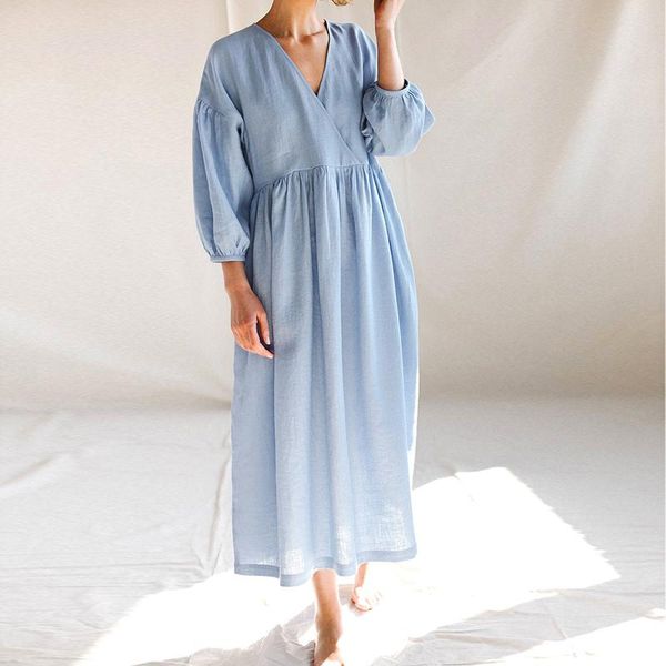 

fairynatural ladies retro ramie robe dresses 2021 spring autumn summer pockets v-neck loose dress casual, Black;gray