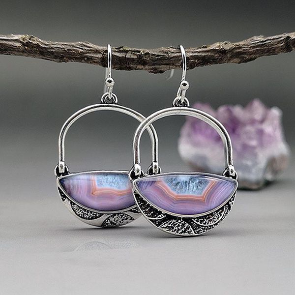 

dangle & chandelier boho ethnic purple stone earrings for women girl vintage handmade metal hollow lock shaped drop earring pendientes, Silver