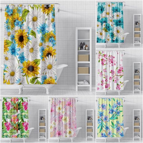 

shower curtains floral flowers printed for bathroom waterproof mildew proof curtain solid fabric hooks