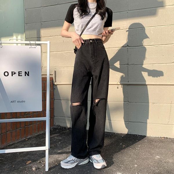 

women's jeans hole 2021 spring and autumn loose mop straight tube show thin high waist wide leg pants, Blue