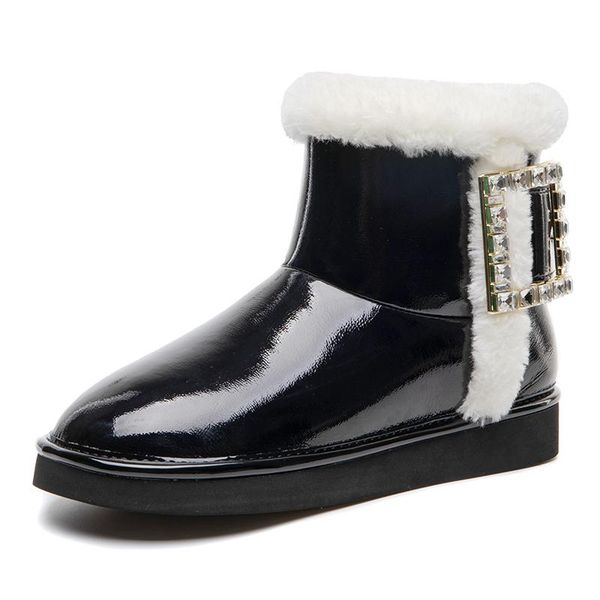 

boots women snow warm winter shoes square buckle bright leather ankle, Black