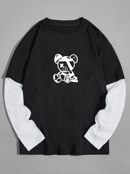 

romwe guys 2 in 1 colorblock bear print tee k7de#, White;black