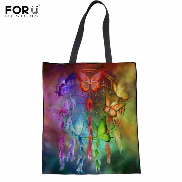 

shopping bags forudesigns rainbow butterfly dreamcatcher pattern woman cotton tote foldable reusable eco large grocery bag