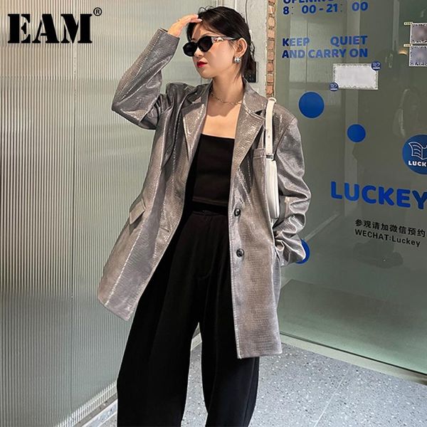 

women's leather & faux [eam] loose fit gray oversized pu leatherl jacket lapel long sleeve women coat fashion tide spring autumn 2021 1, Black