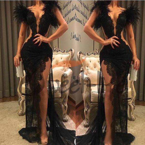 Black Lace Prom Dress Split Formal Party Pageant Wear Guaina Guaina Piuma Abiti da sera Sexy V Collo vedi attraverso