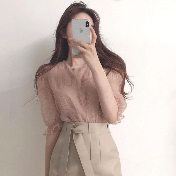 

korean girl summer light micro transparent short-sleeved chiffon shirt women, White