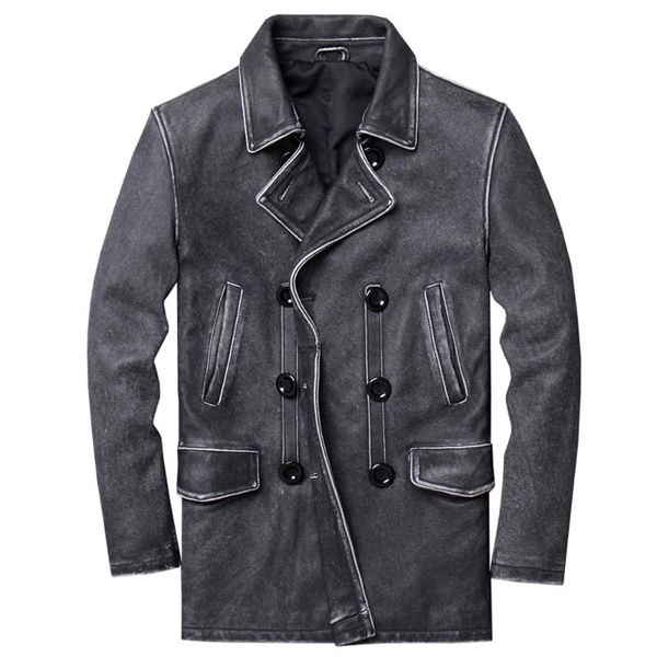 

men's leather & faux vintage cowhide mens trench coat long genuine windbreaker jackets winter streetwear european and american style, Black