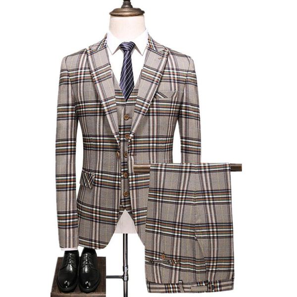 

three-piece male formal business plaids suit for men fashion boutique plaid wedding dress jacket vest pants terno masculino men's suits, White;black