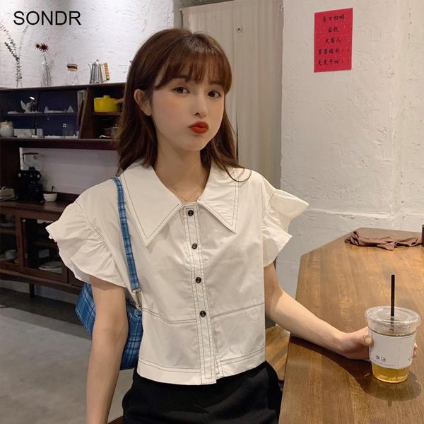 

women's blouses & shirts summer 2021 korean chic shirt ruffled sleeve woman's bright line decoration short loose, White