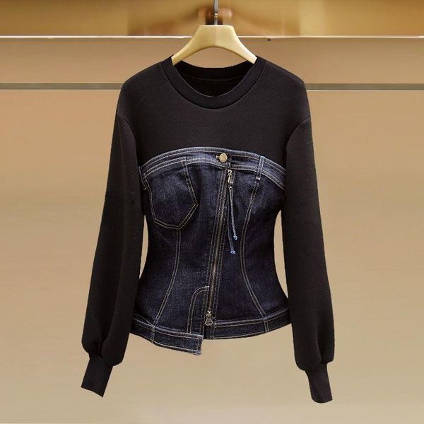 

women's hoodies & sweatshirts fall 2021 wear round neck stitching denim slim thin all-match women, Black