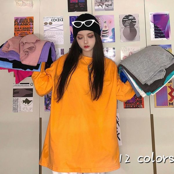 

t-shirts women long sleeve korean style harajuku simple stylish loose ly solid neutral all-match couple candy colors women's t-shirt, White