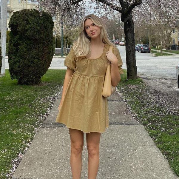 

casual dresses loose a-line summer dress vintage ch style short puff sleeve square collar for women fashion, Black;gray