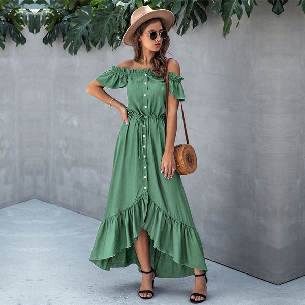 

summer ladies elegant solid off the shoulder women 2021 new casual slash neck short single breasted irregular long dress, Black;gray