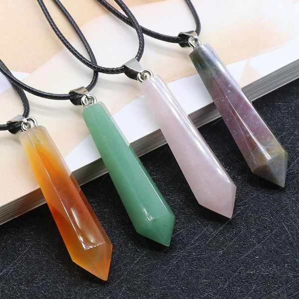 

pendant necklaces reiki healing natural stone crystal necklace choker big size hexagonal pendulum agates opal pink quartz pendants, Silver