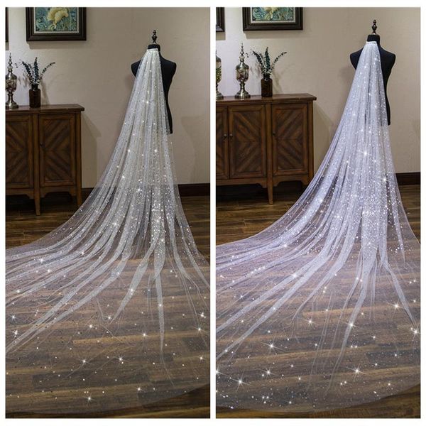 

bridal veils bling star long cathedral veil 2021 3m gold ivory wedding accessories one layer with comb, Black