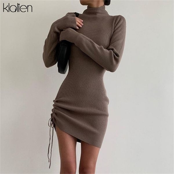 

klalien autumn sweater dres long sleeve turtleneck knit solid slim drawstring bodycon thicken warm streetwear 211109, Black;gray