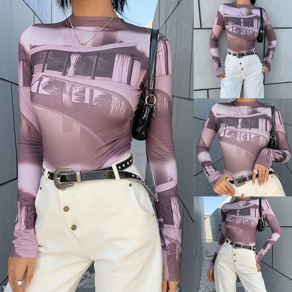 

women's fashion round neck printing temperament slim long sleeve t-shirt top, White