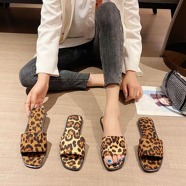 

slippers 2021 summer luxury flats women fashion leopard flock slides flat with plus size shoes for, Black