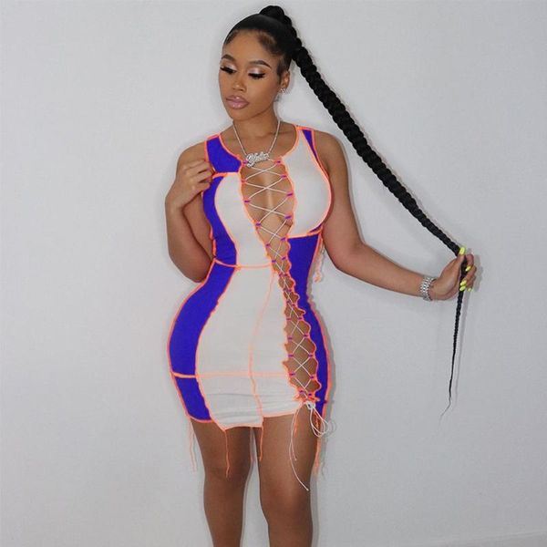 

casual dresses 2021 patchwork bandage dress summer clothes for women hollow out birthday outfit bodycon night club mini, Black;gray