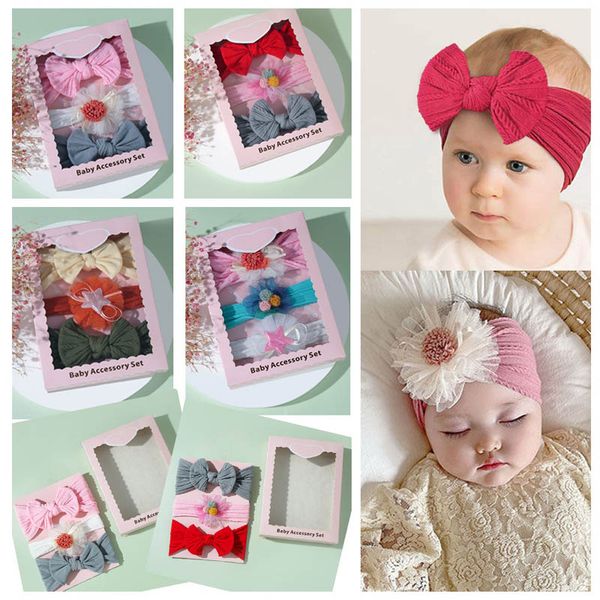 

3pcs/sets girls hair accessories flower baby headbands children kids hairband soft bows headdress box accessory b7889, Slivery;white